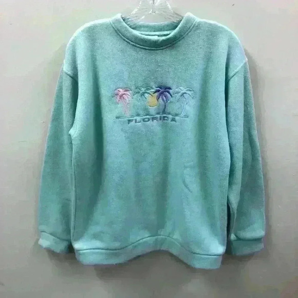 Vintage Caribbean Blue Tropical Florida Crewneck Sweater Blue Palm Trees 1980s - Picture 1 of 5